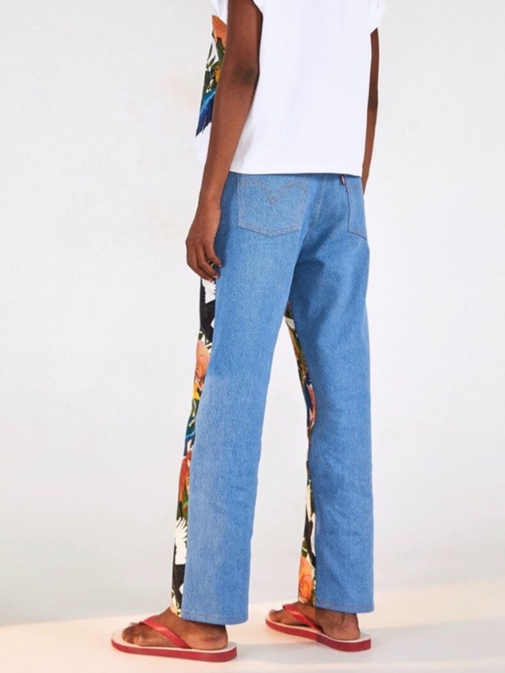 Women’s Two-Tone Denim Jeans with Tropical Print Panel - Blue - Picture 2 of 9